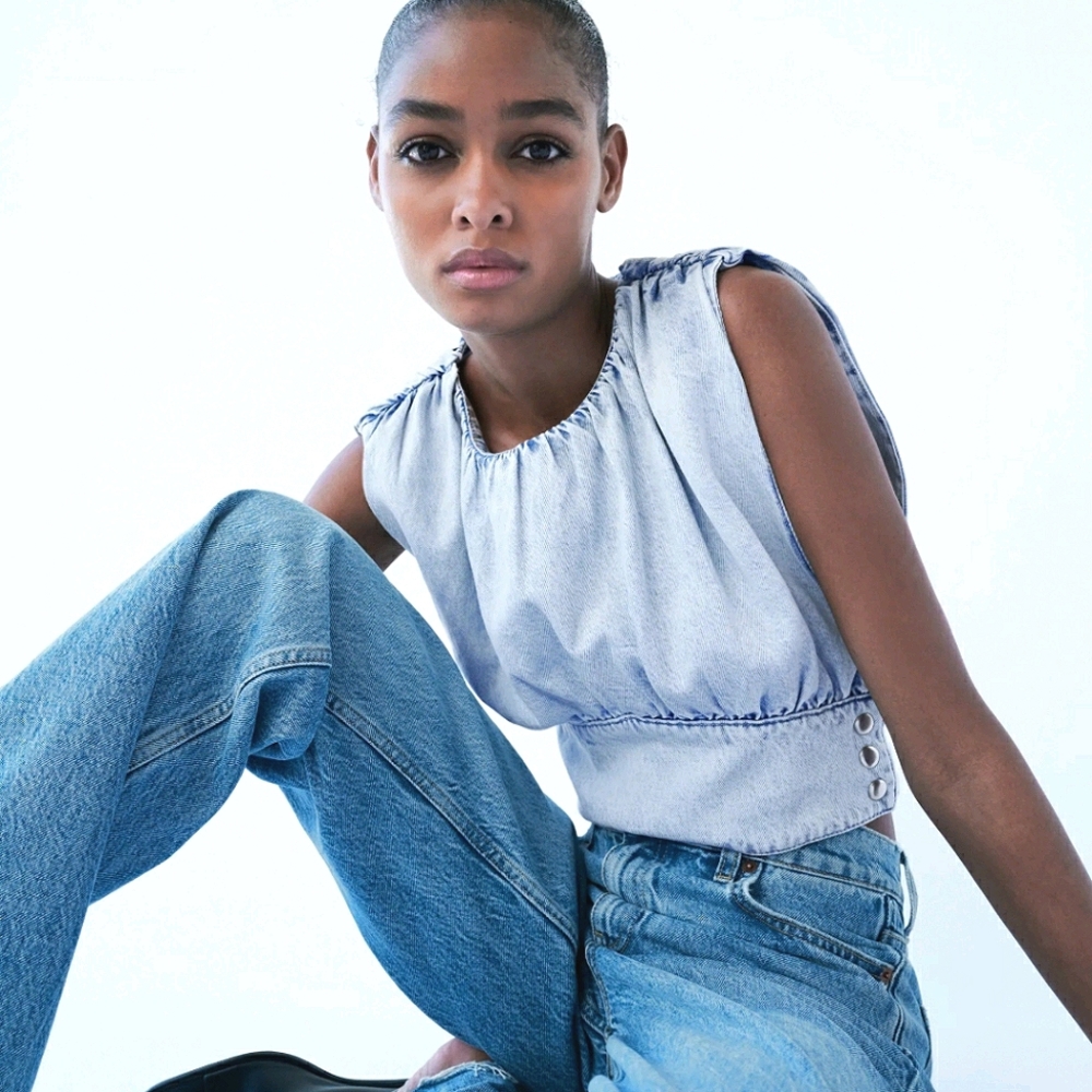 Zara Draped Denim Open Back Crop Top